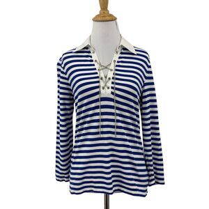 Michael Kors Top Women M Medium White Blue Striped Chain Lattice Collared V Neck